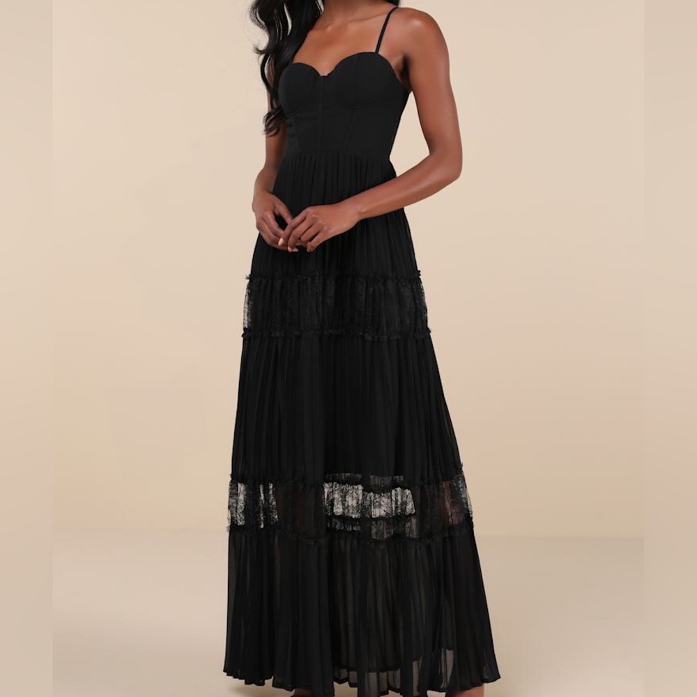 Stunning RSVP Black Pleated Lace Sleeveless Bustier Maxi Dress